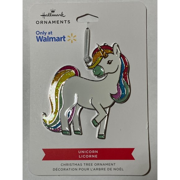 Hallmark 2022 Rainbow Unicorn Christmas Ornament 2.5” Flat Metal Enamel Glittery - Picture 2 of 8